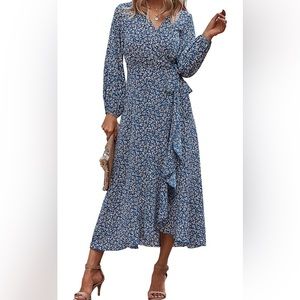 Women's Long Sleeve Wrap Dress Floral Print V-Neck Maxi Dresses with Belt
